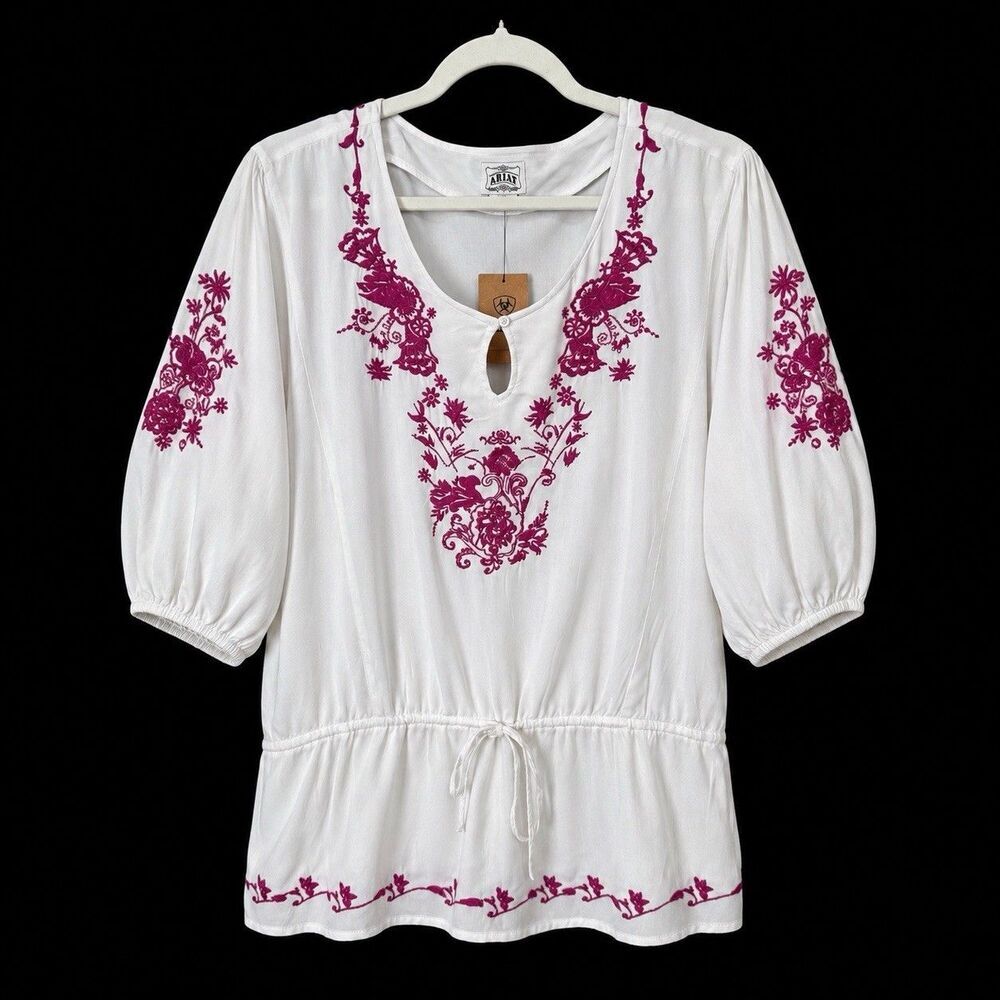 Ariat Women White Pink Floral Embroidered Puff Sleeve Western Boho Blouse L New